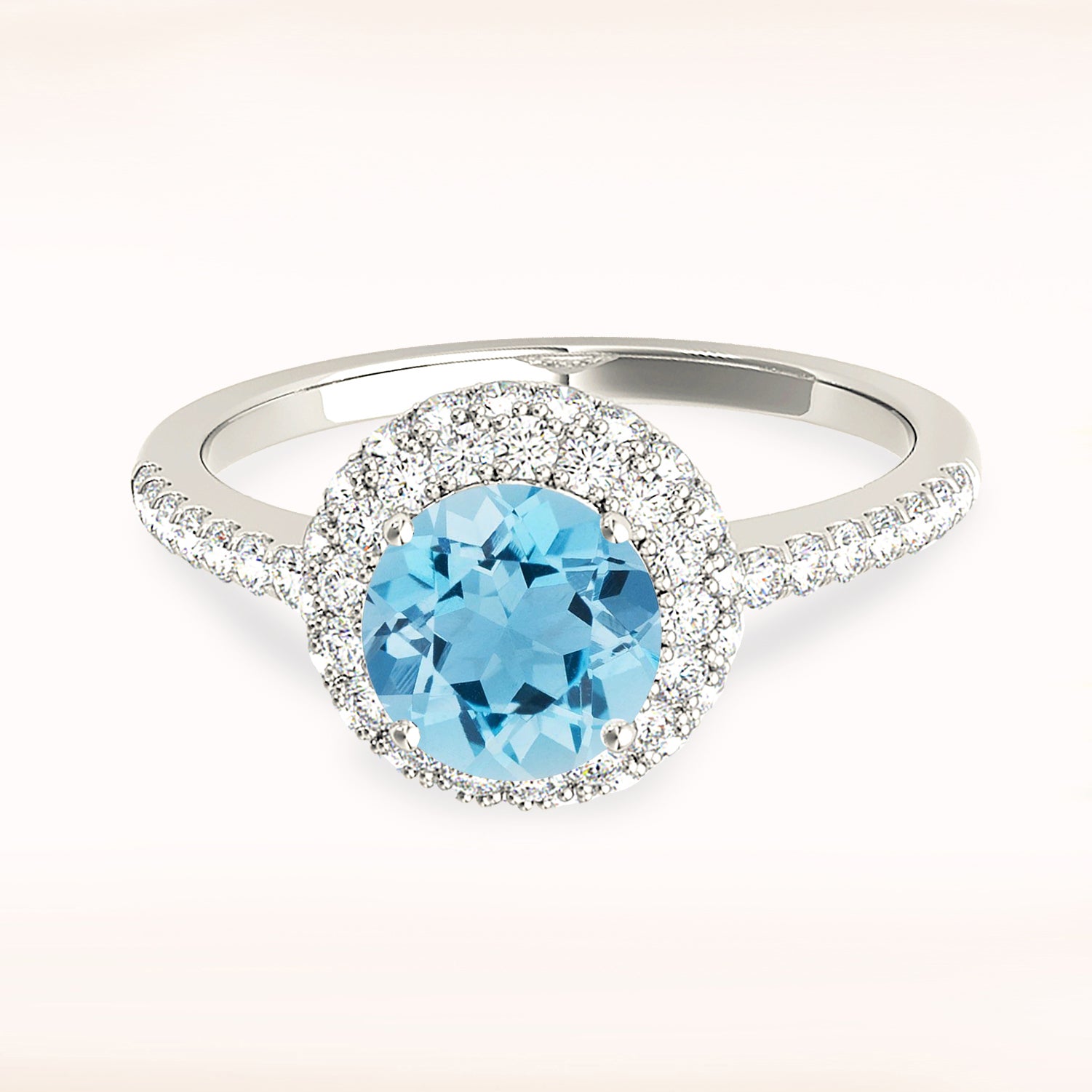 1.10 ct. Genuine Aquamarine Ring With 0.50 ctw. Diamond Double Edge Halo and Delicate Thin Diamond Band | Round Blue Aquamarine Halo Ring-VIRABYANI